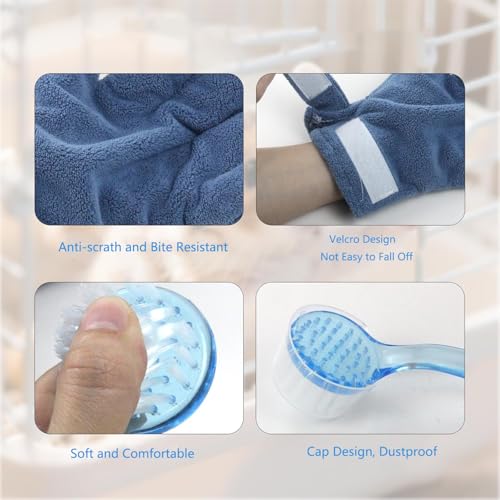 1Pcs Bite-resistant Gloves Adjustable Hamster Bite Proof Glove and Grooming Brush Set Soft Cleansing Brush Massage Combs, Guinea Pig Brush, Hamster Care Set for Hamsters, Ferrets, Hedgehog (Blue)