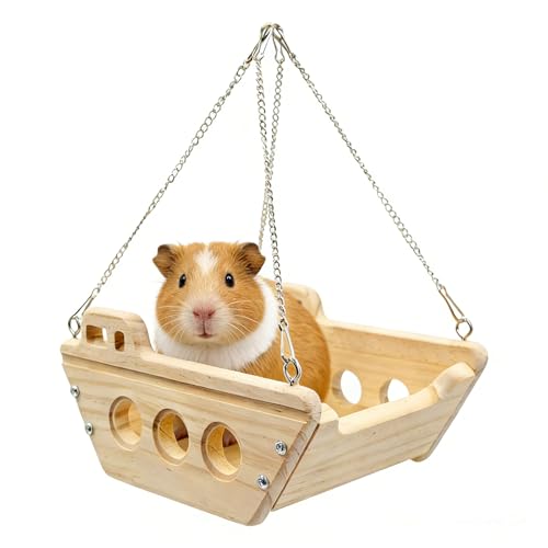 Guinea Pig Hammock, Wooden Swing Toys with Metal Chain and Hook for Cage, Interactive Enrichment Toy for Guinea Pig, Chinchilla, Rat, Hamster and Other Small Animals
