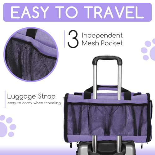 Pet Carrier for Cats & Small Dogs, Travel Carrier with Anti-Collapse Support, Chew Resistant Buckles, Luggage Sleeve, Multi-Pocket Storage, Reversible Mat & Bowl (Purple, Medium (17.5"x11"x11.5")) - color: Purple