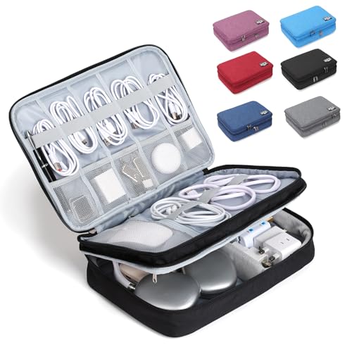 Electronic Organizer Travel Case, Double Layer Cable Organizer Bag | Double-layer design with adjustable dividers, mesh pockets and elastic loops for chargers, cables, power banks and gadgets - color: black