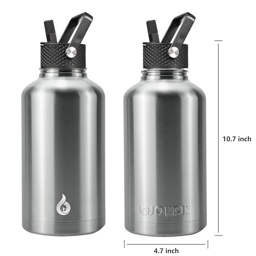 BJPKPK 64oz Insulated Water Bottle, Half Gallon Water Jug with Straw Lid | Large Stainless Steel Vacuum Jug, Keep Cold & Hot, BPA-Free Leak-Proof with 3 Lids, Paracord Handle, for Sports Hiking Travel - color: Stainless Steel, size: 64 Ounces