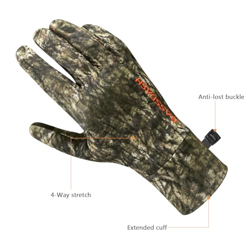 BASSDASH Unisex Fleece Liner Lightweight Camo Hunting Gloves HG07 | Stretch Fleeced Warm Anti-Slip Gloves with Touchscreen for Men Women Cool Weather Shooting Photography Fishing - color: Moss Wood, size: Large