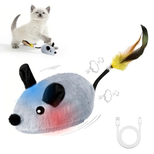 Interactive Mouse Cat Toy, Automatic Moving Fake Rat Mouse Cat Toy, Realistic Rechargeable Dog Mouse Toy with Sound & Feather & Bell, Prank Joke Scary Trick Rats for Cats Dogs - color: Grey