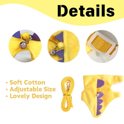 Ferret Harness and Leash Set Cute Dinosaur Design Soft Mesh Small Pet Harness Vest with Safe Bell Walking Clothes for Small Animals Ferret Rabbit Guinea Pig Squirrels (Yellow) - color: Yellow