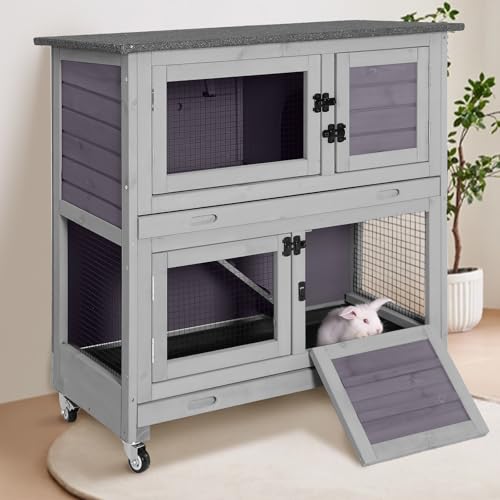 Rabbit Hutch Indoor or Outdoor, Wooden Rabbit Cage with Two Removable Trays, 2-Story Bunny Cage with Wheels, 36’’ Guinea Pig Cage (Grey) - color: Grey, size: 36.0"L x 17.7"W x 36.4"H