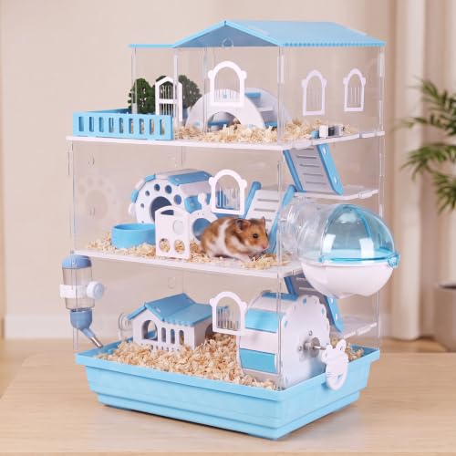 Eccliy 15 in 1 Clear 3-Layer Acrylic Hamster Cage with All Accessories, 20 x 13.7 x 10 Inch Dwarf Hamster House, Magnetic Connection Small Pet Enclosure, Garden Style Mouse Cage for Pet Mice (Blue) - color: Blue