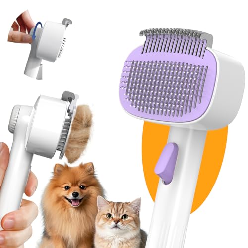 Dog & Cat Brush for Shedding, 2-in-1 Self Cleaning Deshedding Brush | Adjustable Bristle Length with Dematting Comb Skin Friendly Fur Shedding Removal Tool for Long Medium Long Hair Pets (Purple) - color: Purple