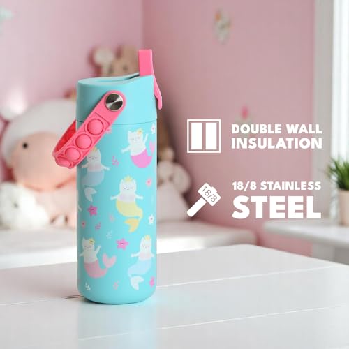 Elemental Insulated Kids Water Bottle, Stainless Steel Water Bottle with Straw Lid & Pop-It Handle, Leak-Proof Water Bottles for School, Boys or Girls, Travelling and Sports, 18oz - Meowmaid - color: Meowmaid