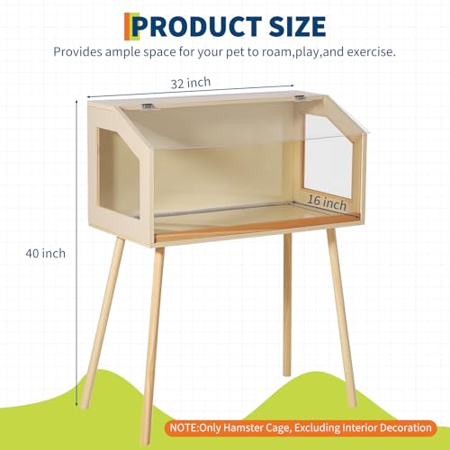 Spacious Wooden Hamster Cage with Acrylic Window & Openable Top – Raised Legs, Seesaw, Platforms, Water Bottle – Chew-Proof Habitat for Dwarf Syrian Hamster, Gerbil, Mouse, Rat – Small Size 81 - size: 32" L x 16" W x 40" H
