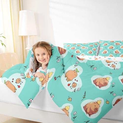Erosebridal Capybara Floral Queen Duvet Insert, Kids Cartoon Comforter Set, Girls Kawaii Rodent Animals Bedding Set, Gifts for Capybara Lovers, Cute Flower Branches Duvet Sets, Teal - color: Multi 10, size: Queen