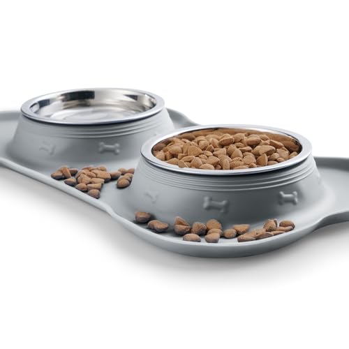 Hubulk Pet Dog Bowls 2 Stainless Steel Dog Bowl with No Spill Non-Skid Silicone Mat + Pet Food Scoop Water and Food Feeder Bowls for Feeding Small Medium Large Dogs Cats Puppies (Medium, Gray) - color: Gray, size: Medium