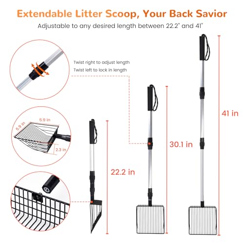 Metal Cat Litter Scoop with Holder, 43" Extendable Long Handle Cat Scooper for Litter Box, Solid & Durable, Deep Shovel for Fast Sifting, Large Pet Pooper Scooper for Kitty/Outside Dog Poop - size: Long Handle
