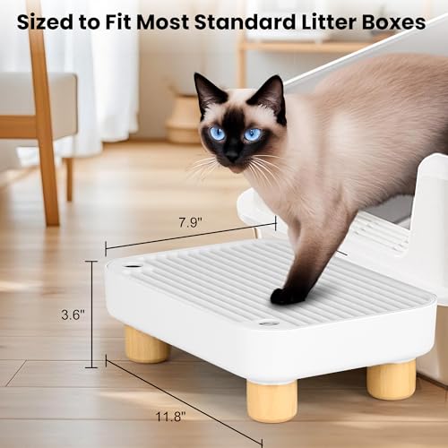 Litter Box Step, Litter Box Ramp/Catcher with Wooden Base, Anti-Tracking & Easy to Clean, Ideal for Small & Elderly Cats (White) - color: White
