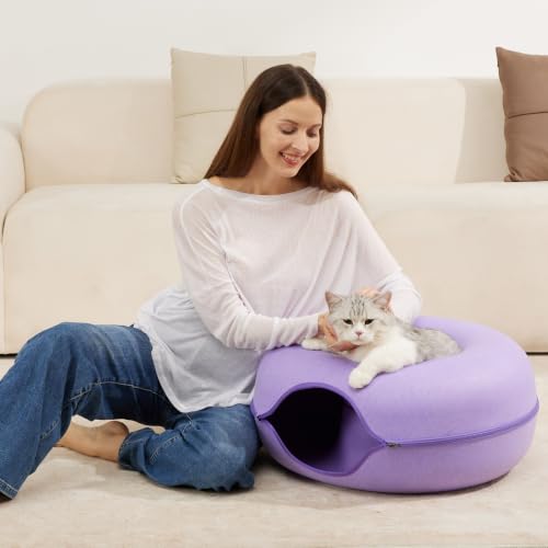 Cat Tunnel Bed for Indoor Cats with 3 Toys, Scratch Resistant Detachable and Washable Large Donut Cat Bed, Available in All Seasons (Purple, L(24x24x11)) - color: Purple