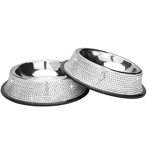 SAVORI Bling Dog Bowls White, 640ML Handmade Bling Rhinestones Stainless Steel Pet Bowls Double Food Water Feeder for Puppy Cats Dogs - Set of 2 - color: Silver