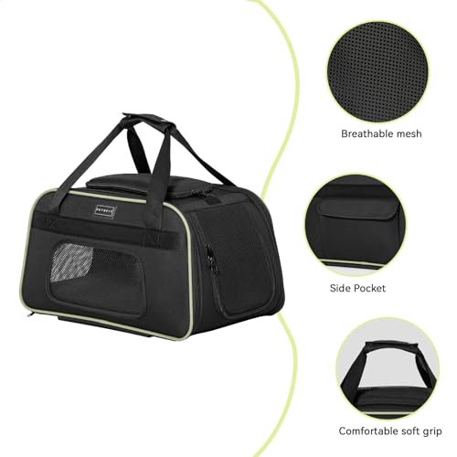 Petsfit Cat Carrier with Wheels, Removable Spinner Wheels, Up to 13 lb | Fits pets up to 15 L x 8 H in and 13 lb; removable spinner wheels, anti-sag frame, 4-sided mesh, safety tether and locks. - color: Black & Green, size: 20.1"L x 12.2"W x 14.2"H