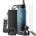 Coolflask 24 oz Insulated Water Bottle with Straw & 3 Leakproof Lids | Water Flask Stainless Steel Triple-Wall Vacuum, Cupholder Friendly, Cold 48+h, Dishwasher Safe, Non-BPA, for Gym & Hiking - color: Samurai Cyan, size: 24 Ounces