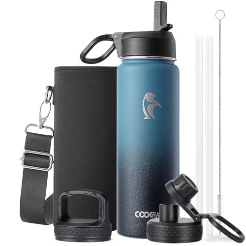 Coolflask 24 oz Insulated Water Bottle with Straw & 3 Leakproof Lids | Water Flask Stainless Steel Triple-Wall Vacuum, Cupholder Friendly, Cold 48+h, Dishwasher Safe, Non-BPA, for Gym & Hiking - color: Samurai Cyan, size: 24 Ounces