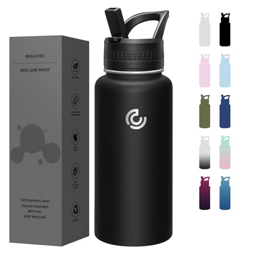 COKTIK 32oz Sports Water Bottle, Stainless Steel Water Bottle for Insulated, Reusable Travel Bottle, With Straw, With Handle Grip for Easy Carrying, Suitable for Cycling, Outdoor Vacations(Black) - color: Black, size: 32 Ounces