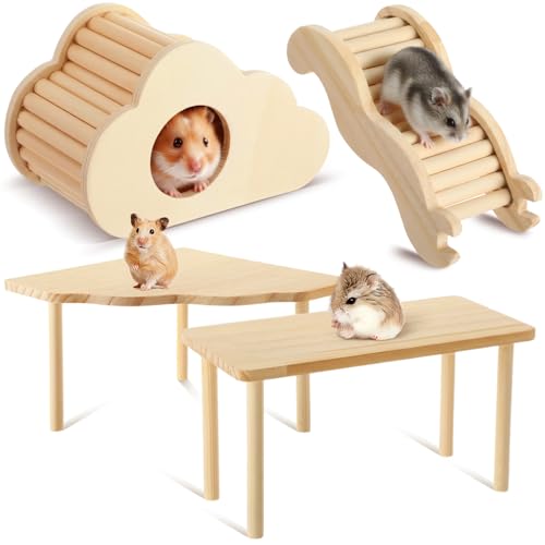BreezeHug 4 Pcs Hamster Cage Accessories Hamster Platform Hideout Wooden Tunnel Ladder Playhouse Game Climbing Toy with Platform for Pets Dwarf Syrian Mice Degus Gerbils Squirrel(Cloud) - style: Cloud