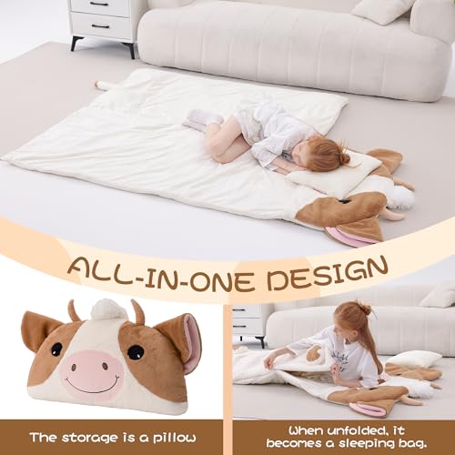 70" 4.2lbs Kids Sleeping Bag with Pillow Brown Cow Toddler Nap Mat | Sleep Sack 2-in-1 Sleeping Mat& Blanket Washable Roll-Up w/ Handle For Daycare Kindergarten Thick Soft & Portable In Gift Box - color: Cow-Brown