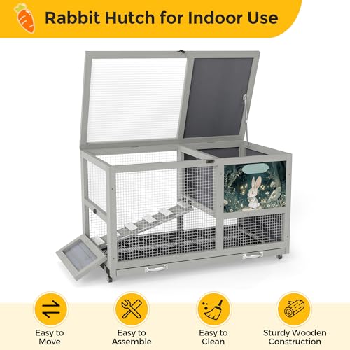 COZIWOW 36.5-Inch Double-Decker Wooden Rabbit Hutch with Wheels, Featuring A Cleaning Tray and Ladder—Stylish and Easy to Assemble（Grey and Pattern） - color: Grey and Pattern