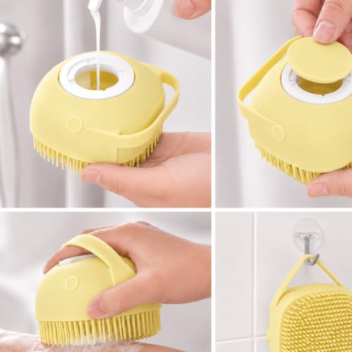 Dog and Cat Bath Brush with Shampoo Dispenser, Silicone Pet Grooming Brush for Dogs Cats, Soft Massage Scrubber for Bath, Easy Clean Ergonomic Pet Shower Brush for Small Medium Pets Yellow - color: Yellow