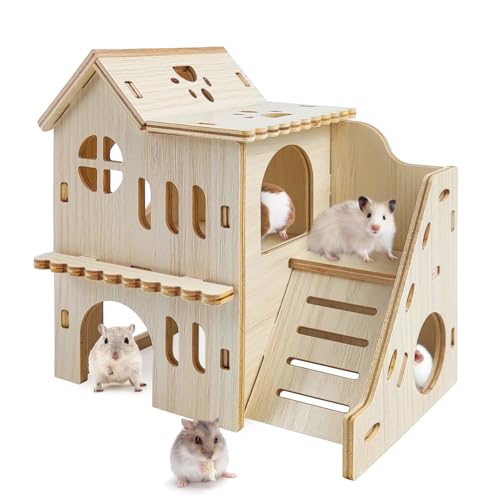 Hamster Hideout with Wooden House, Fun Slide, Double-Decker Hut & Maze - for Dwarf Hamsters, Gerbils, Mice, Small Animals