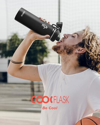 Coolflask 20 oz Insulated Water Bottle with Straw & 3 Leakproof Lids | Water Flask Stainless Steel Triple-Wall Vacuum, Cupholder Friendly, Cold 48+h, Dishwasher Safe, Non-BPA, for Gym & Hiking - color: Magic Black, size: 20 Ounces