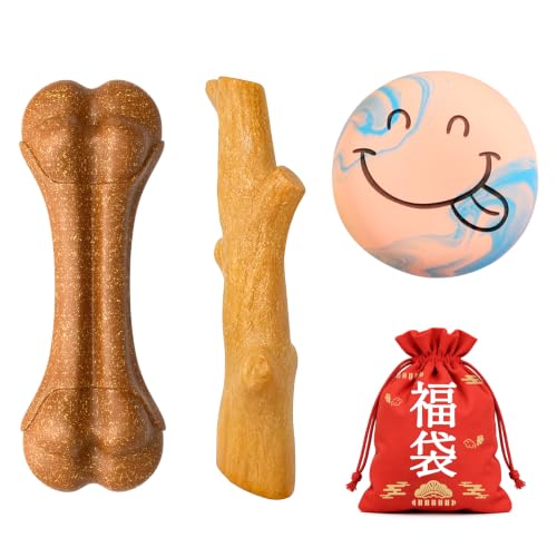 SCHITEC 3 Pack Puppy Teething Chew Toy Gift Set for Small Breeds | Dog chew bone & branch for teething puppies; natural latex squeaky ball; storage bag; ideal for small dogs.