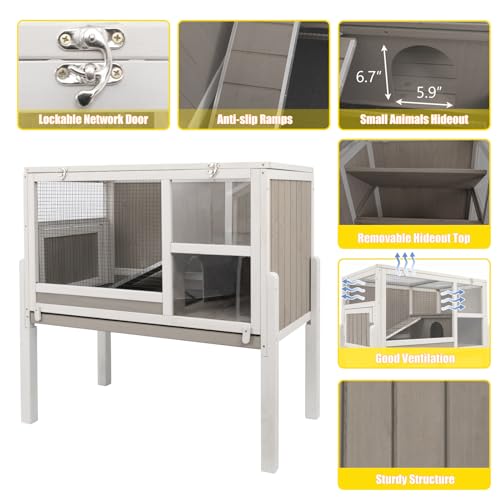 PetsCosset Guinea Pig Cages with Stand, Wooden Rabbit Cage Indoor, Guinea Pig House with Ramp and Hideout, Small Animals Cage with Not Leakage Pull Out Tray, Grey