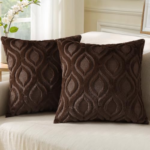decorUhome Faux Fur Soft Dark Brown Throw Pillow Covers 16x16 Set of 2 | Plush Solid Fall Couch Pillow Covers, Accent Modern Farmhouse Neutral Decorative Square Pillow Cases for Sofa Bed Living Room - color: Dark Brown, size: 16" x 16" (Pack of 2)