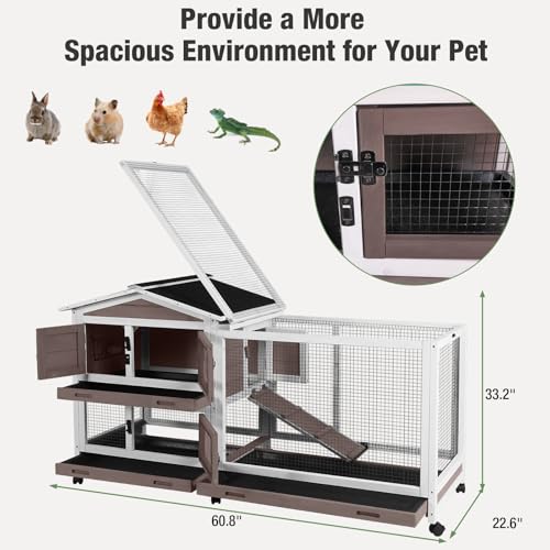 Indoor/Outdoor Rabbit Hutch with Pull-Out Tray, Weatherproof Bunny Cage & Attached Run - Also for Chickens (Brown, L) - color: Light Brown