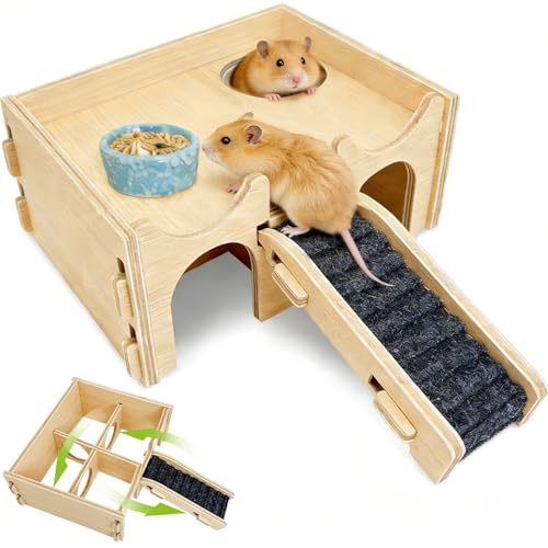 BNOSDM Wooden Hamster Hideout Syrian Hamsters Multi-Room Hideouts & Tunnel Exploring Toys Gerbils Wood House with Ladder for Dwarf Mouse Mice Rat and Other Small Animals - color: Wooden Hideout with Bridge