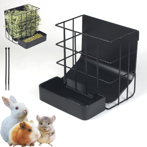 Rabbit Hay Feeder Guinea Pig Hay Feeder with Hook Heavy-Duty Metal Frame Upgrades Hay Rack，Reduce Waste Hay Holder,for Bunny,Rabbit,Chinchilla,Guinea Pig Cage Accessories-6.8x6.7x6.6inch（Black） - color: black, size: Small