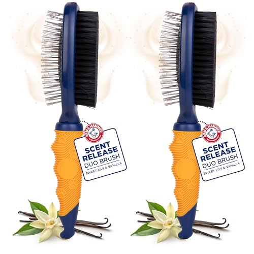 Arm & Hammer Deodorizing Pin & Bristle Dog Brush, Lily & Vanilla, 2-Pack | Fragrance transfer technology, baking soda infused, detangling and deshedding, for long-haired dogs daily - size: 2-Pack, style: Pin/Bristle Duo Brush - Sweet Lily & Vanilla