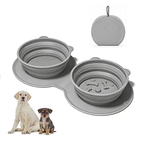 Premium Silicone Collapsible Dog Bowl with Carabiner Clip, 2-in-1 Foldable Double Pet Food & Water Travel Bowl, Portable No-Spill Design for Walking Hiking Camping, for Small Medium Dogs