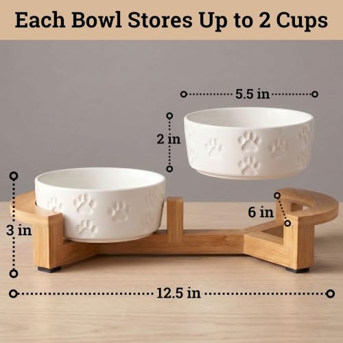 Ceramic Dog Bowl Set of 2, Anti-Skid Bamboo Stand, Elevated, 2 Cups Each | Thick Ceramic Food and Water Bowls Set of 2, Dishwasher Safe, Anti-Skid Rubber Base, 2 Cups per Bowl, Sturdy Bamboo Stand - color: White with Stand, size: Small