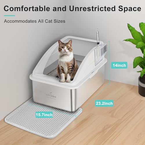 AIPERRO Stainless Steel Litter Box | XXL Deepened 8" Design Enclosed Box with Lid for Big Cats | High Sided, Anti-Urine Leakage | Non-Stick Bottom & Includes Litter Mat & Metal Scoop - color: Silver Grey, size: XX-Large