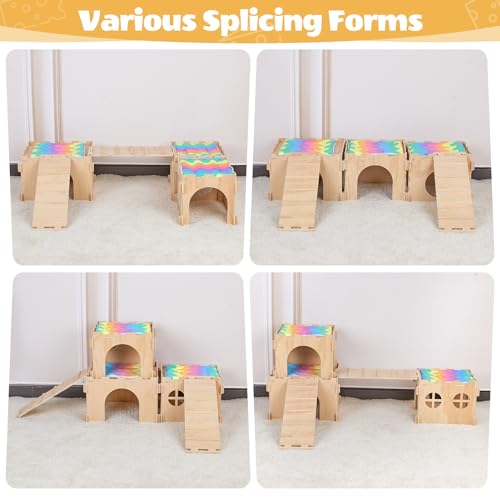 Unicorn Catcher 3 Pack Wooden Guinea Pig Hideout House with Stairs & Mats | Wooden Bunny Castle Hideout With Stairs And Soft Mats Perfect For Ferrets Chinchillas And Small Animals In Cages - size: 3 Houses