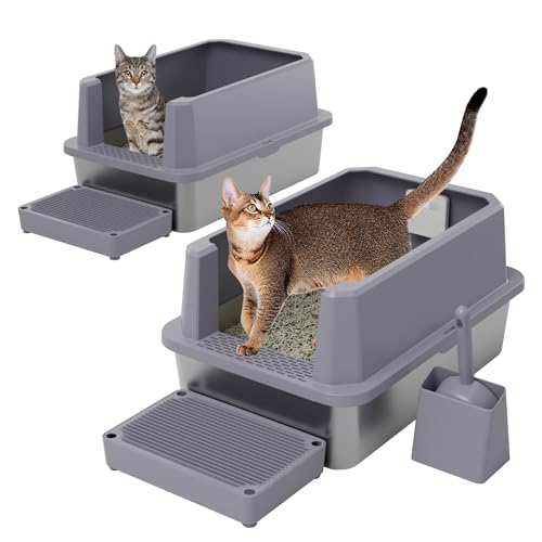 RIZZARI Stainless Steel Litter Box: Leakproof 2-Pack High Walls for Cats | 6.5" Anti-Spill Walls / Dual Filtering Holes / 304 Non-Absorbent Base / Teflon Easy-Clean / Built-In Deodorizer - color: Cool Gray with Deodorizer, 2 Pack