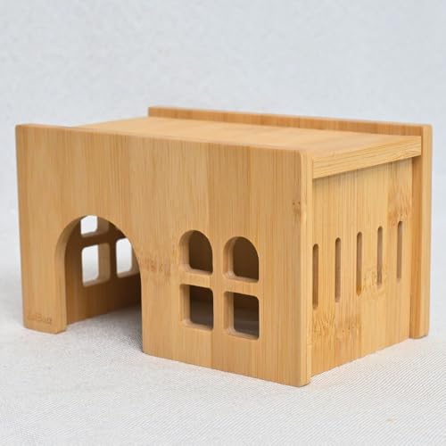 0.3" Thick Bamboo Hamster Hideout House, Pre-Assembled Flat Top Wooden Hideaway, Extra Large Hamster Nest for Adult Syrian Hamster, Gerbil, 9 x 5.2 x 5.2 in, Large