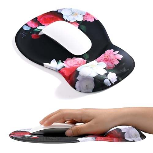EooCoo Mouse Pad with Gel Wrist Rest, Ergonomic Mousepad Wrist Alignment | Middle Concave Design for Natural Wrist Alignment, Non-Slip Base Mousepad, Carpal Tunnel Relief, Office Desk Accessories - color: Black Flower