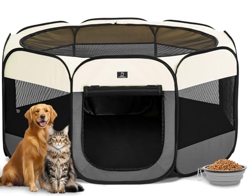 A 4 Pet 50.39-in Dog Playpen, Small Dogs & Puppies, Grey+Beige | Includes bowl, waterproof floor, pop-up design, home/travel/outdoor use - color: Grey+Beige, size: L(50.39"x50.39"x25")