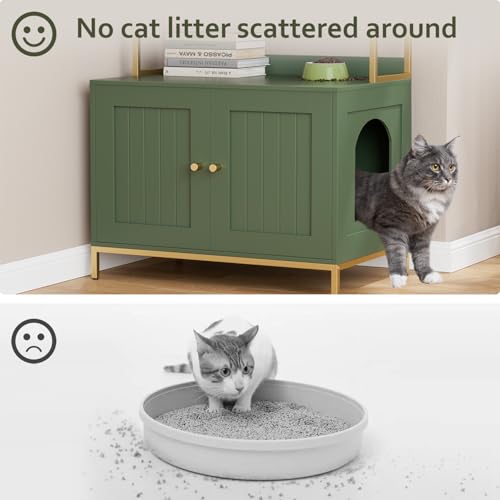 Homhedy Cat Litter Box Enclosure with 2-Tier Shelves, Green and Gold | Litter Box Furniture Hidden, Indoor Cat House, Wooden Cat Washroom Furniture with Metal Frame, Modern Style - color: Green and Gold