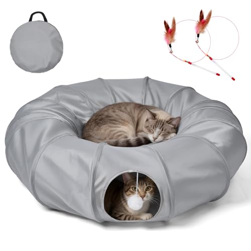 Cat Tunnel Bed with 2Pcs Interactive Toys, 3-in-1 DIY Collapsible Plush Cat Tube with Washable Mat, Large Indoor Play Tunnel Cave for Kittens and Small Animals - color: Cool Gray