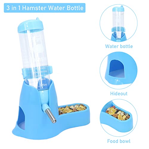 Wontee 3 in 1 Hamster Water Bottle with Food Bowl Hideout Base, 125ML, Blue | Water dispenser, food container, hideout, stable base, easy to refill, for glass tank/cage, dwarf hamster/mouse/gerbil, 4.2oz - color: Blue, size: 125ML