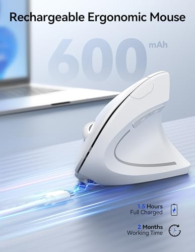 TECKNET Wireless Ergonomic Mouse, Rechargeable Wireless Vertical Mouse | Rechargeable Mouse White, 2.4GHz USB Receiver, Silent Click, 6 Adjustable DPI up to 4800, 6 Buttons for Laptop, PC & MacBook, - color: Light White