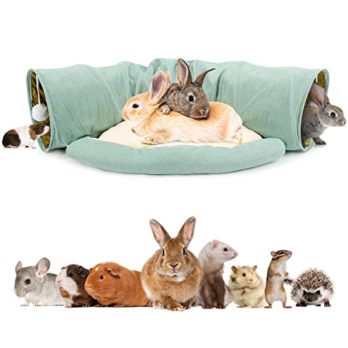 BWOGUE Bunny Tunnel Bed, 2-in-1 Collapsible Rabbit Tunnel Hideout with Mat | Removable Mat for Washing, 46.8 in Length, Ball Toy for Play, Soft Suede Fabric, Cats Rabbits Guinea Pigs - color: Green