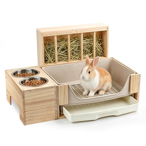 3-in-1 Rabbit Hay Feeder with Covered Hay Rack & Litter Box Drawer(Style 3) | rabbit feeder set with covered hay storage and pull-out litter drawer. Reduces hay mess and keeps small pets' areas clean